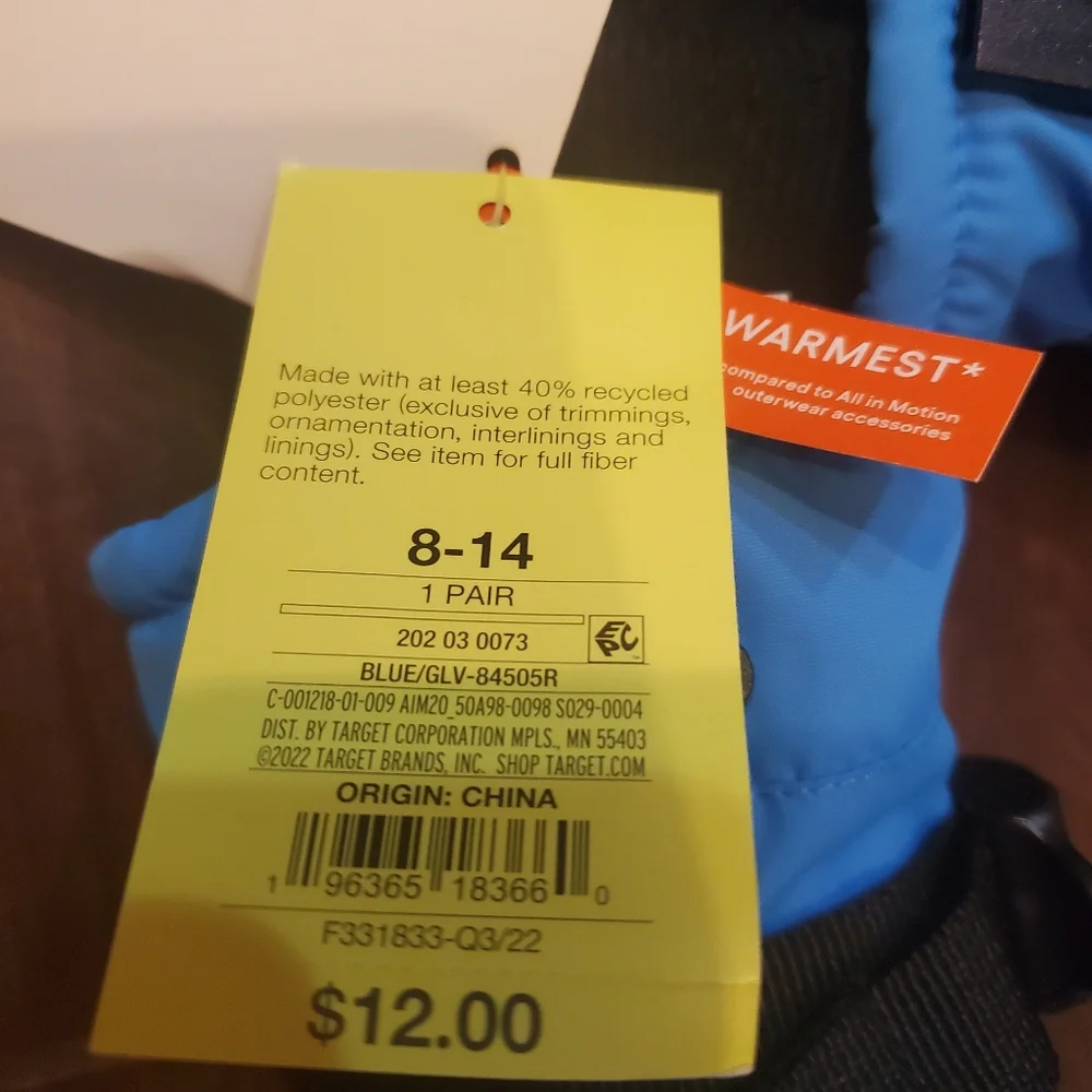 Waterproof mittens size 8-12 in blue new with tags by All in motion